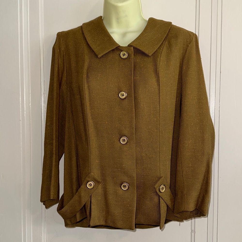 Vintage 60s Herman Marcus tan light nubby tweed jacket with gold buttons